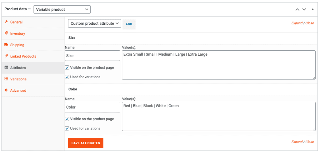 SnapSite WooCommerce Variable Product Attributes